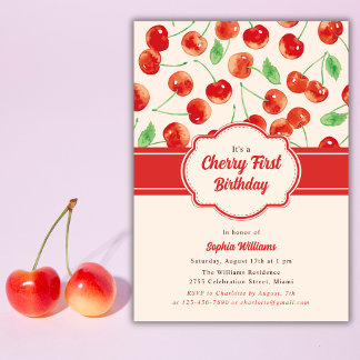 Retro Red Cherry Aquarell Erster Geburtstag Einladung