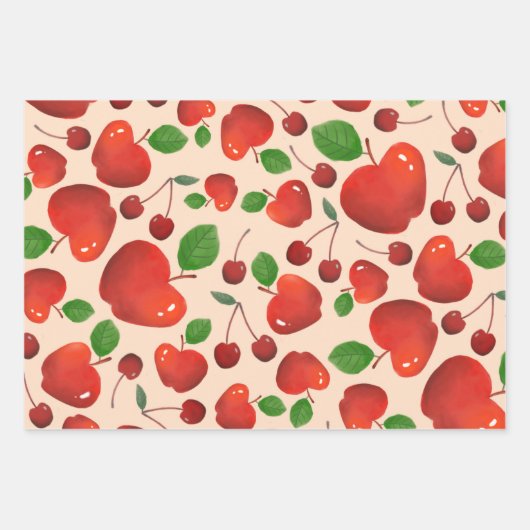 Retro Red Cherry Frucht Orchard Muster flach Geschenkpapier Set (Vorderseite)