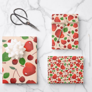Retro Red Cherry Frucht Orchard Muster flach Geschenkpapier Set
