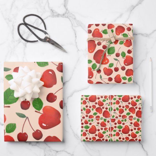 Retro Red Cherry Frucht Orchard Muster flach Geschenkpapier Set (Vorderseite)