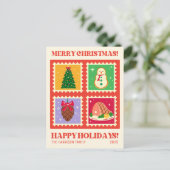 Retro Red Christmas Briefmarken Holidays Postkarte (Stehend Vorderseite)