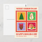 Retro Red Christmas Briefmarken Holidays Postkarte (Vorne/Hinten)