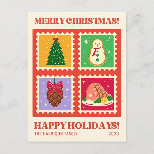 Retro Red Christmas Briefmarken Holidays Postkarte (Vorderseite)