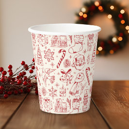 Retro Red Christmas Doodle Pappbecher