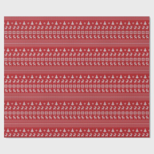 Retro Red Christmas Rentier Snowflake Muster Geschenkpapier (Flach)