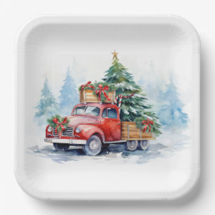Retro Red Christmas Truck Pappteller