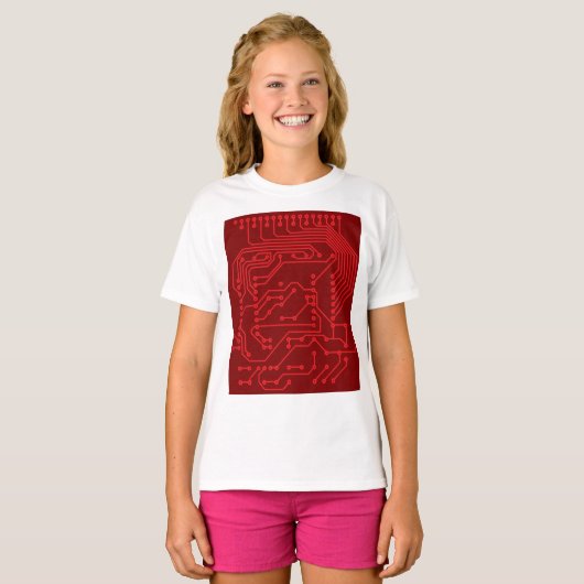 Retro Red Circuit Board Tech Pattern T-Shirt (Vorne ganz)