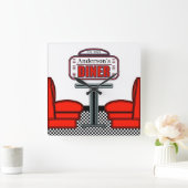 Retro Red Diner Clock Sign Quadratische Wanduhr (Zuhause)