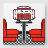 Retro Red Diner Clock Sign Quadratische Wanduhr (Vorderseite)