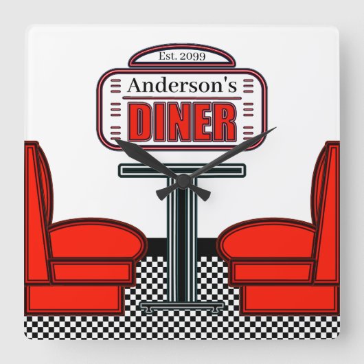 Retro Red Diner Clock Sign Quadratische Wanduhr (Vorderseite)