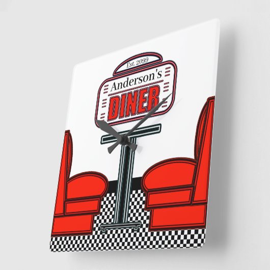 Retro Red Diner Clock Sign Quadratische Wanduhr (Winkel)