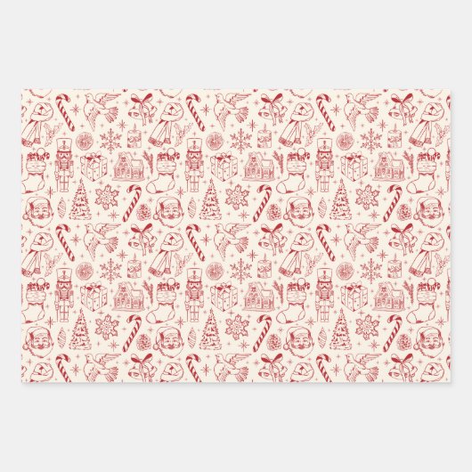 Retro Red Doodle Weihnachtswrapping Paper Geschenkpapier Set (Vorderseite)