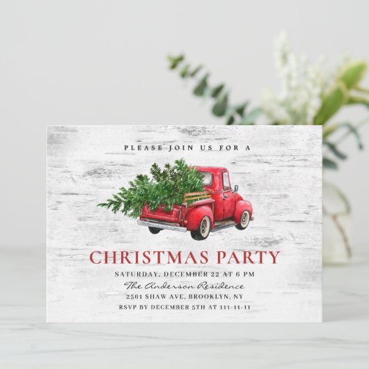 Retro Red Farm Truck Birch Barke Weihnachtsfest Pa Einladung (Stehend Vorderseite)
