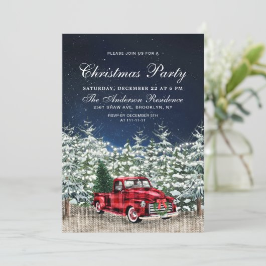 Retro Red Farm Truck Winterwald Weihnachtsfest Par Einladung (Stehend Vorderseite)