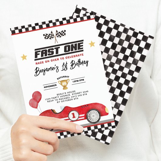 Retro Red Fast One Race Car Boy 1st Birthday Einladung