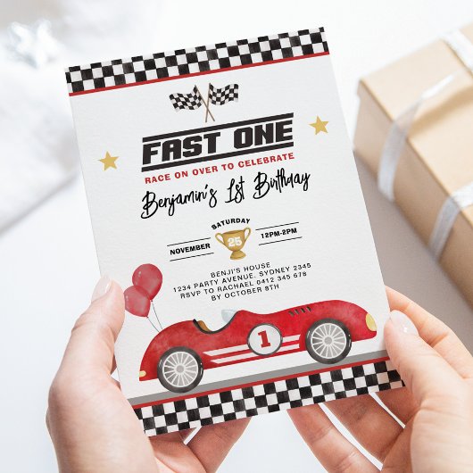Retro Red Fast One Race Car Boy 1st Birthday Einladung