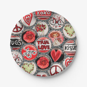 Retro Red Floral Hearts Pappteller