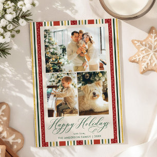 Retro Red Gold Streifen Happy Holidays 3 Foto Feiertagskarte