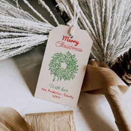 Retro Red Green Drawn Bows Wreath Merry Christmas Geschenkanhänger