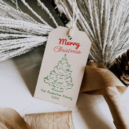 Retro Red Green Hand Drawn Christmas Tree Vintage Geschenkanhänger