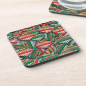 Retro Red Green Strip Design Ornament Muster Getränkeuntersetzer (Linke Seite)