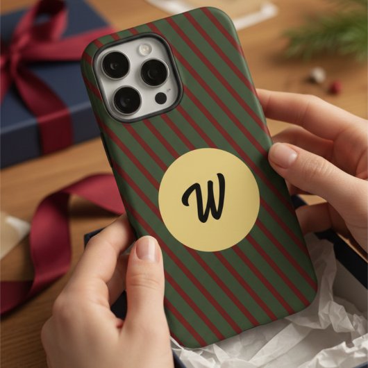 Retro Red & Green Stripes Gold Circle Monogrammed Case-Mate iPhone Hülle