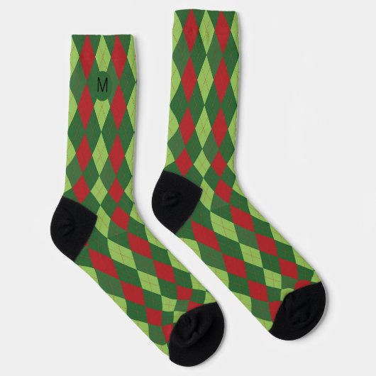 Retro Red Green Weihnachtsmuster Raute Monogram Socken (Rechts)