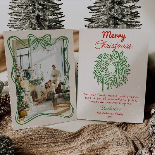 Retro Red Hand Drawn Bow Wreath Foto Weihnachten