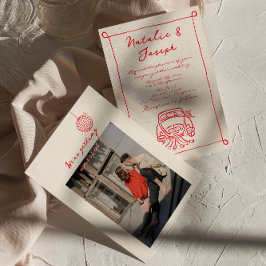 Retro Red Hand Drawn geschrieben Niedliche Foto Ho Einladung