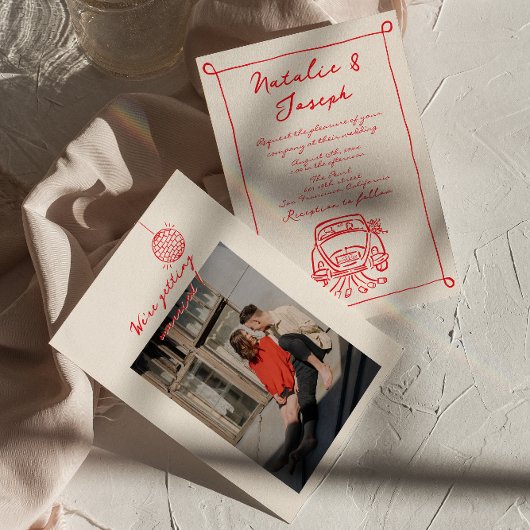 Retro Red Hand Drawn geschrieben Niedliche Foto Ho Einladung