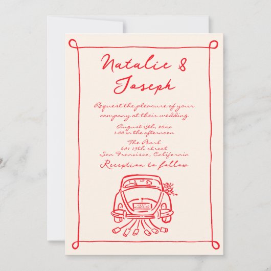 Retro Red Hand Drawn Quirky Niedlich QR Code Weddi Einladung (Vorderseite)