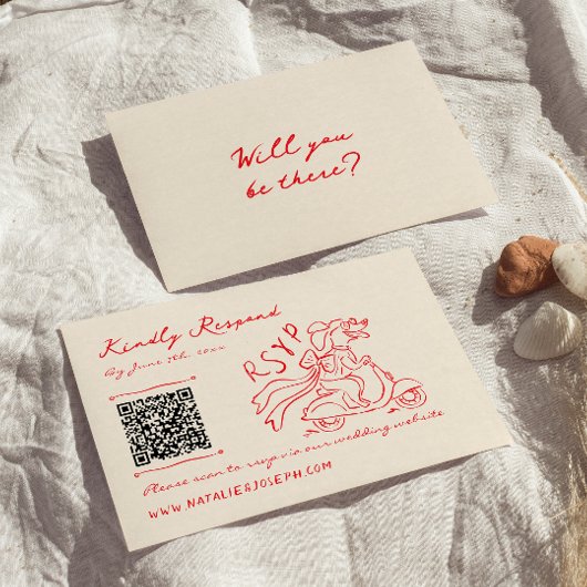 Retro Red Hand Drawn Quirky Niedlich QR Code Weddi RSVP Karte