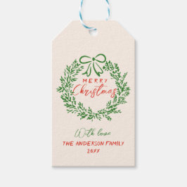 Retro Red Hand Drawn Ribbon Wreath Frohe Weihnacht Geschenkanhänger