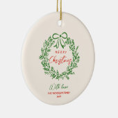 Retro Red Hand Drawn Ribbon Wreath Frohe Weihnacht Keramik Ornament (Rechts)