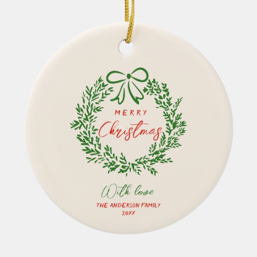 Retro Red Hand Drawn Ribbon Wreath Frohe Weihnacht Keramik Ornament (Vorne)