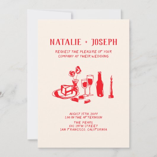 Retro Red Hand Drawn Scribble alle in einer Hochze Einladung (Vorderseite)