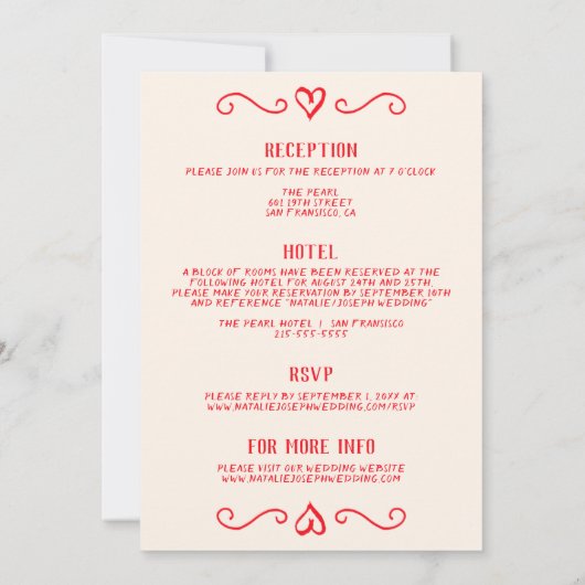 Retro Red Hand Drawn Scribble alle in einer Hochze Einladung (Rückseite)