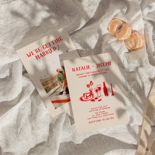 Retro Red Hand Drawn Scribble Quirky Wedding Einladung