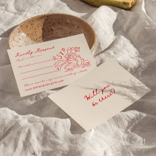 Retro Red Hand Gezeichnet Quirky Niedliche Hochzei RSVP Karte