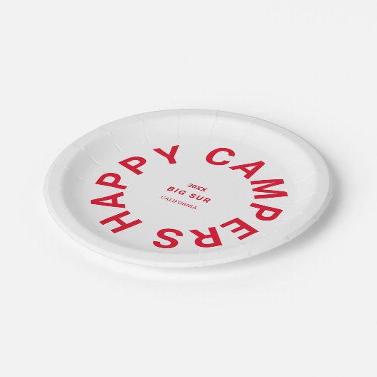 Retro Red Happy Campers Camping Trip Custom Pappteller (Schrägansicht)