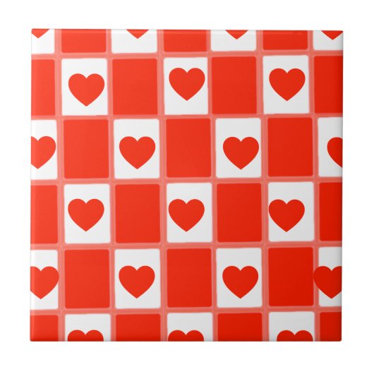 Retro Red Heart Checkerboard Pattern Fliese (Vorderseite)