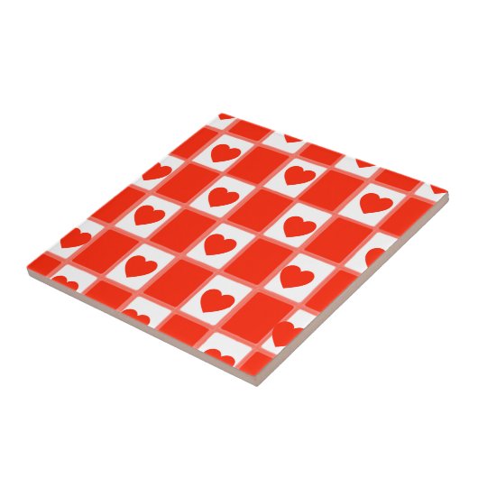 Retro Red Heart Checkerboard Pattern Fliese (Seite)
