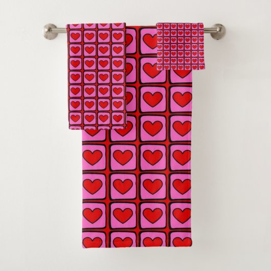 Retro Red Heart Karo Pattern Chic & Stylish Badhandtuch Set (Insitu)