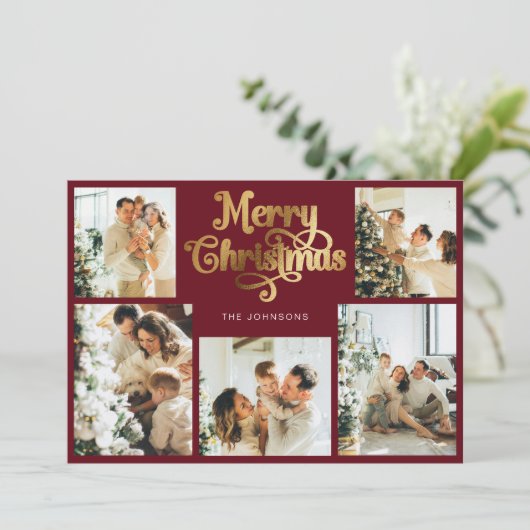 Retro Red Imitats Gold Frohe Weihnachten Familie F (Stehend Vorderseite)