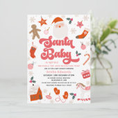 Retro Red Pink Girls Santa Baby Dusche Einladung (Stehend Vorderseite)