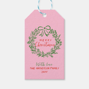 Retro Red Pink Hand Dragezeichnete Ribbon Kranz We Geschenkanhänger