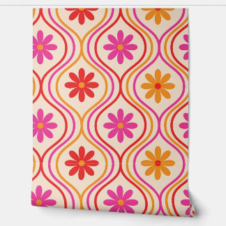 Retro Red Pink Orange Flowers on Ogee custom  Tapete