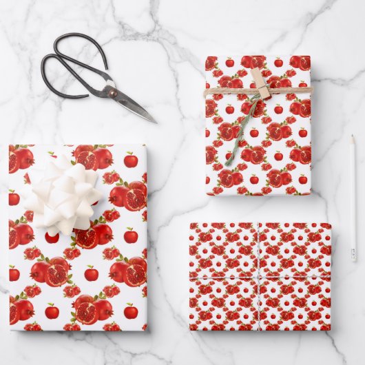 Retro Red Pomegranate Fruchtmuster Thema Geschenkpapier Set (Vorderseite)