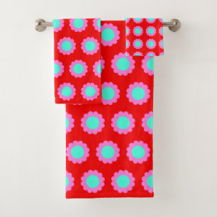 Retro Red Pop Blume Muster Mod 60er Boho Style Badhandtuch Set