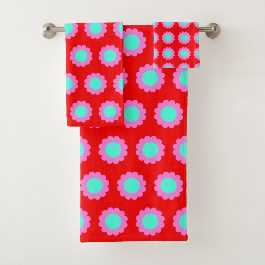 Retro Red Pop Blume Pattern Mod 60er Boho Style Badhandtuch Set (Insitu)